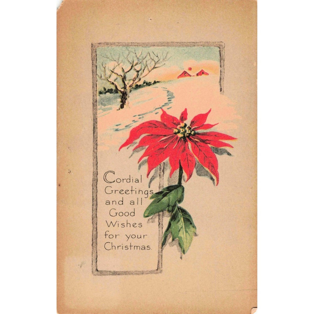 Vintage 1919 Gibson Lines Christmas Postcard Poinsettia Snow Scene Postmarked - Picture 1 of 2